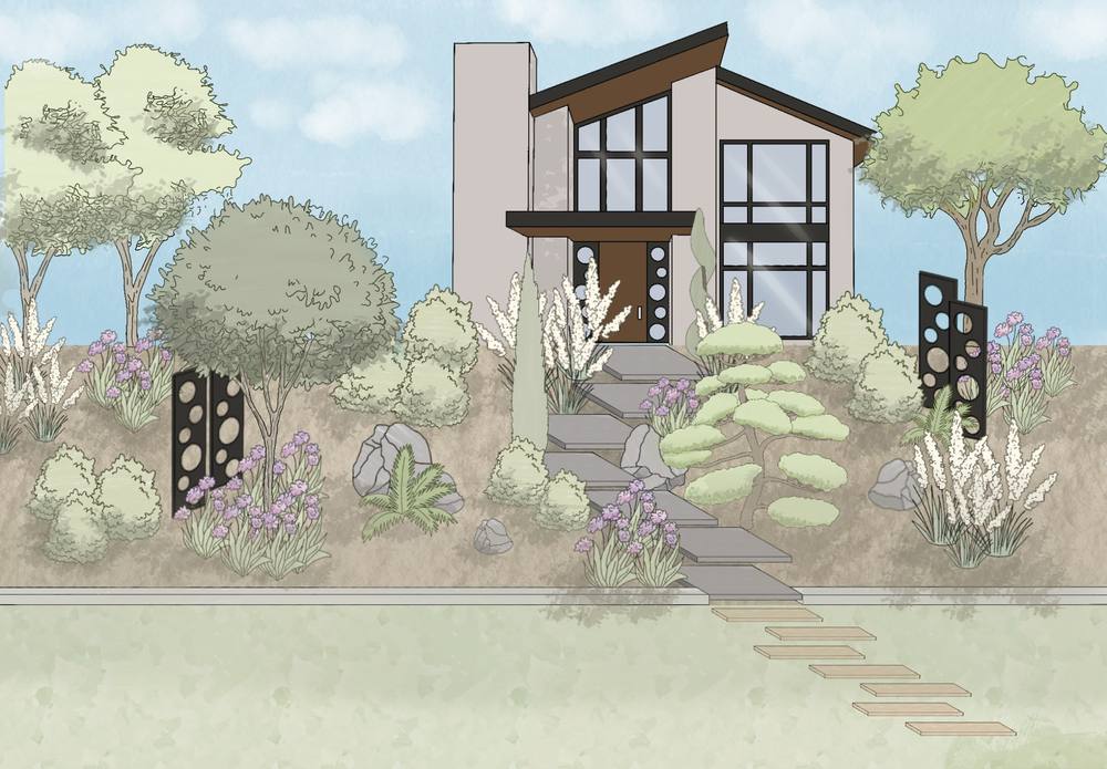 Plan paysager illustré d’une entrée contemporaine avec escalier en pas d’âne, massifs de vivaces et totems en acier corten