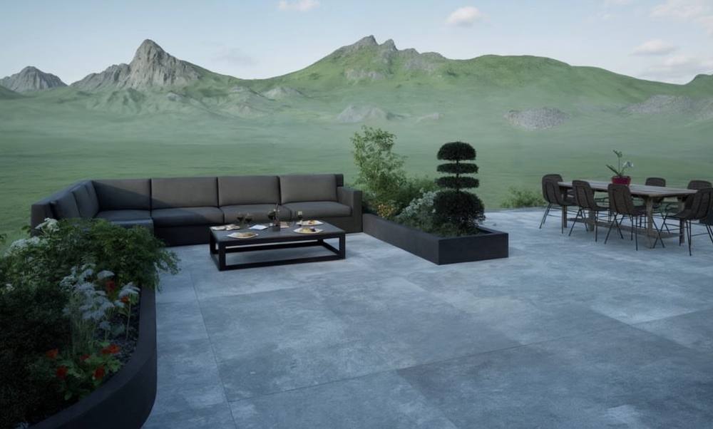 Vue 3D d’un salon de jardin d’angle sur une terrasse en dalles