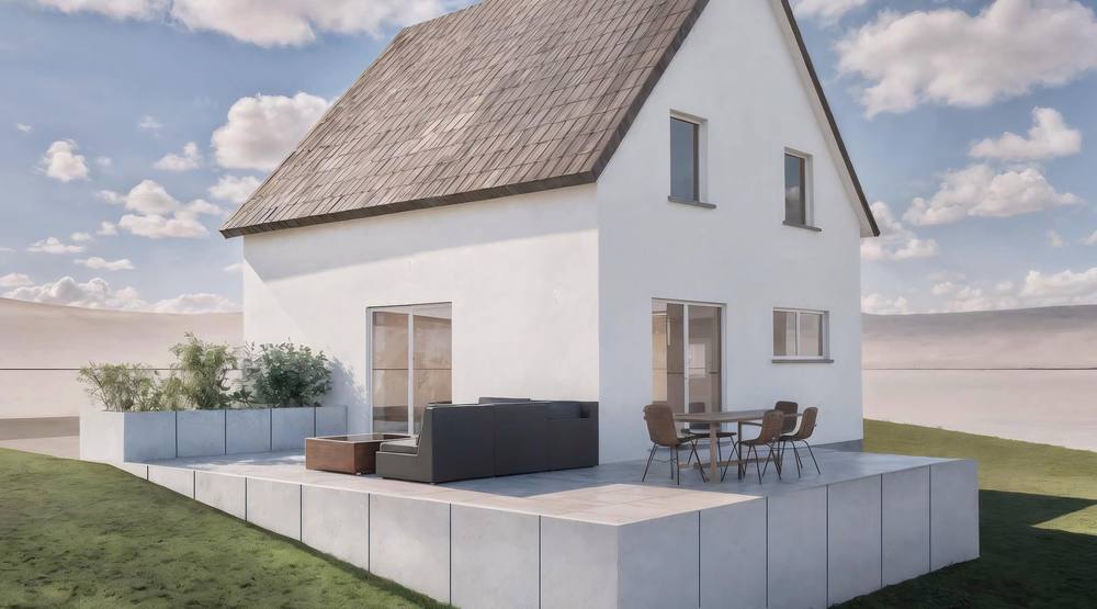 Projection 3D d’une terrasse surélevée avec salon d’extérieur et bacs
