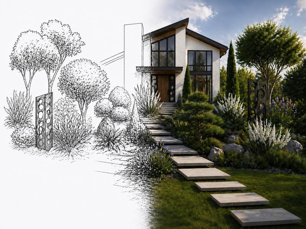 Transition entre le croquis d’un projet paysager et sa réalisation : entrée de maison contemporaine avec escalier, pas japonais, massifs de vivaces et totems en acier corten